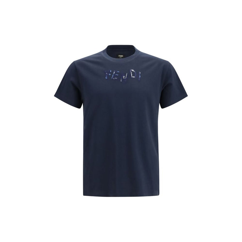 Fendi Blue Cotton T-Shirt with Asymmetric Logo