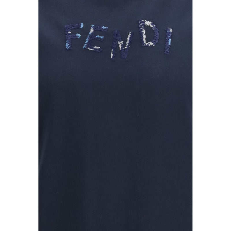 Fendi Blue Cotton T-Shirt with Asymmetric Logo