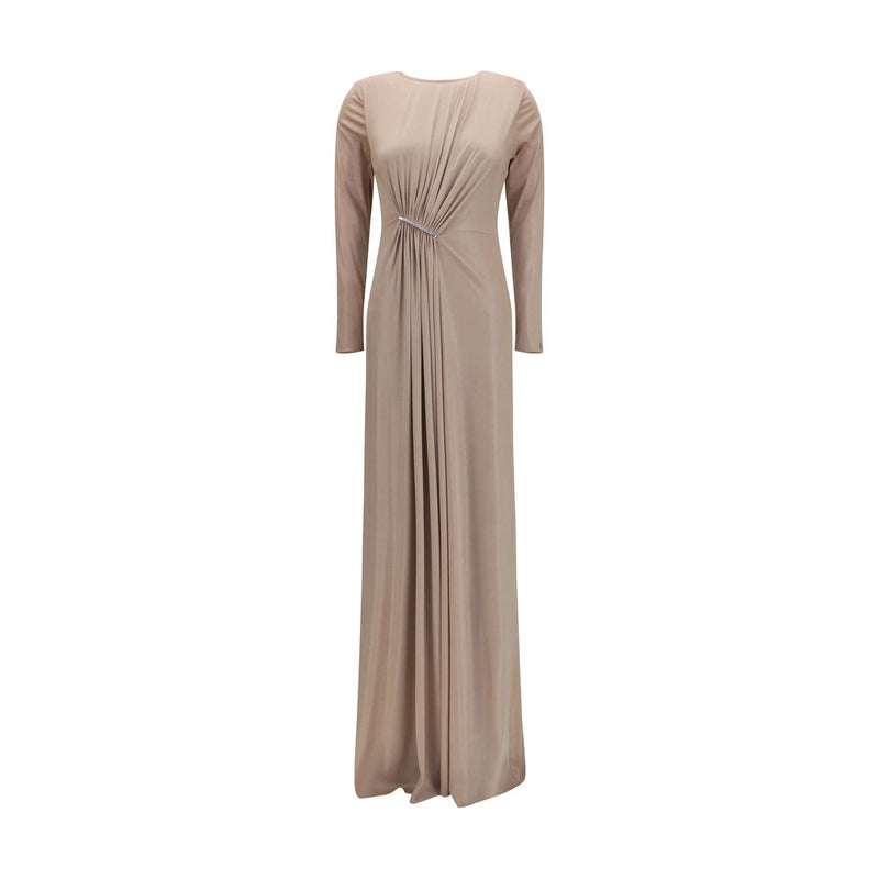 Nissa Beige Long Chiffon Dress with Crystal Detail