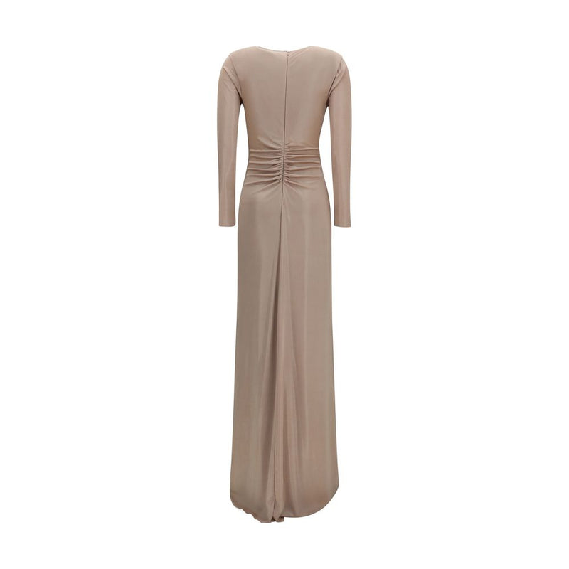 Nissa Beige Long Chiffon Dress with Crystal Detail
