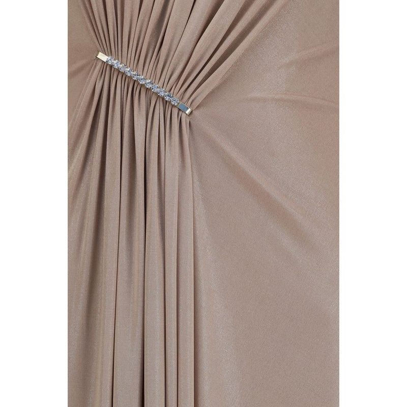 Nissa Beige Long Chiffon Dress with Crystal Detail