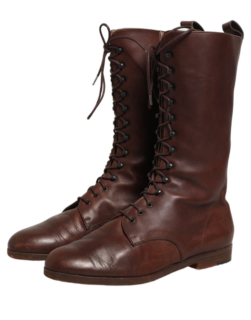 Dolce & Gabbana Brown Leather Lace Up Mid Calf Boots