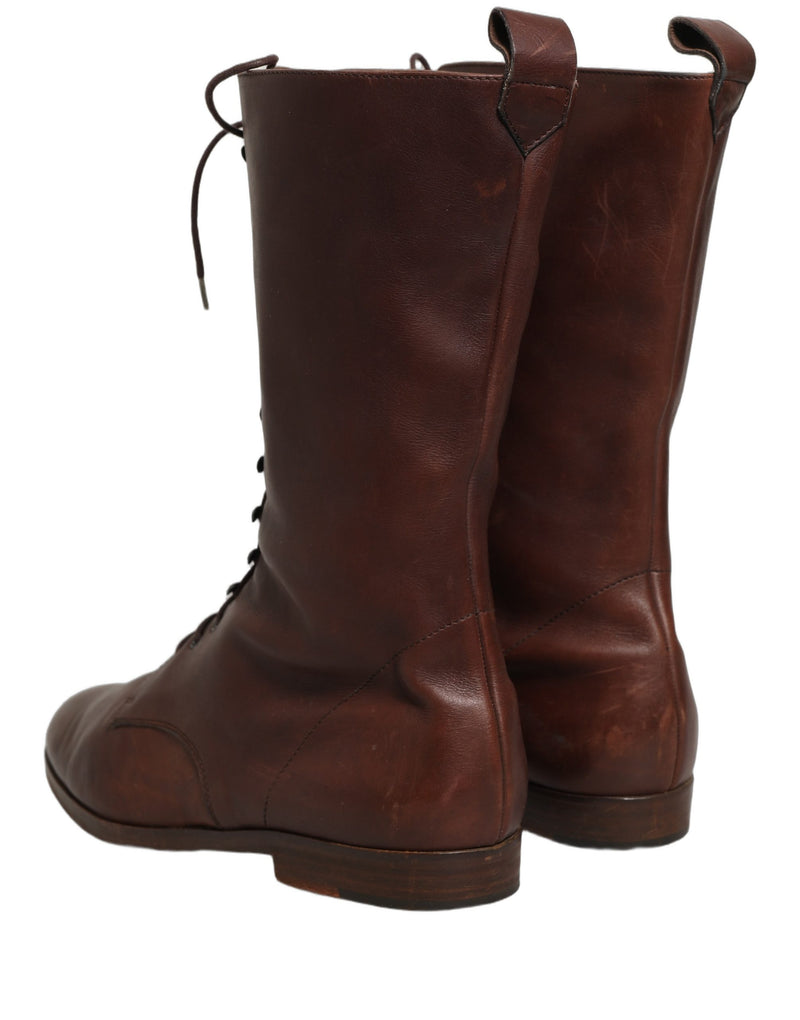 Dolce & Gabbana Brown Leather Lace Up Mid Calf Boots