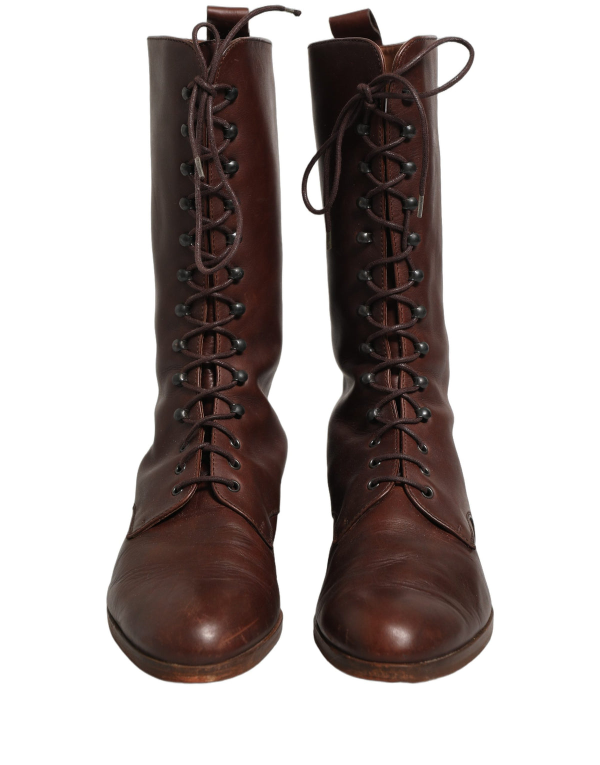 Dolce & Gabbana Brown Leather Lace Up Mid Calf Boots