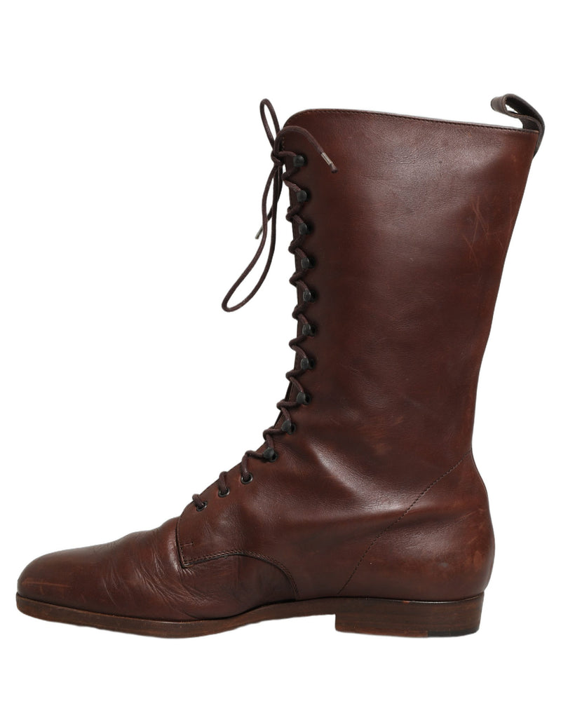 Dolce & Gabbana Brown Leather Lace Up Mid Calf Boots