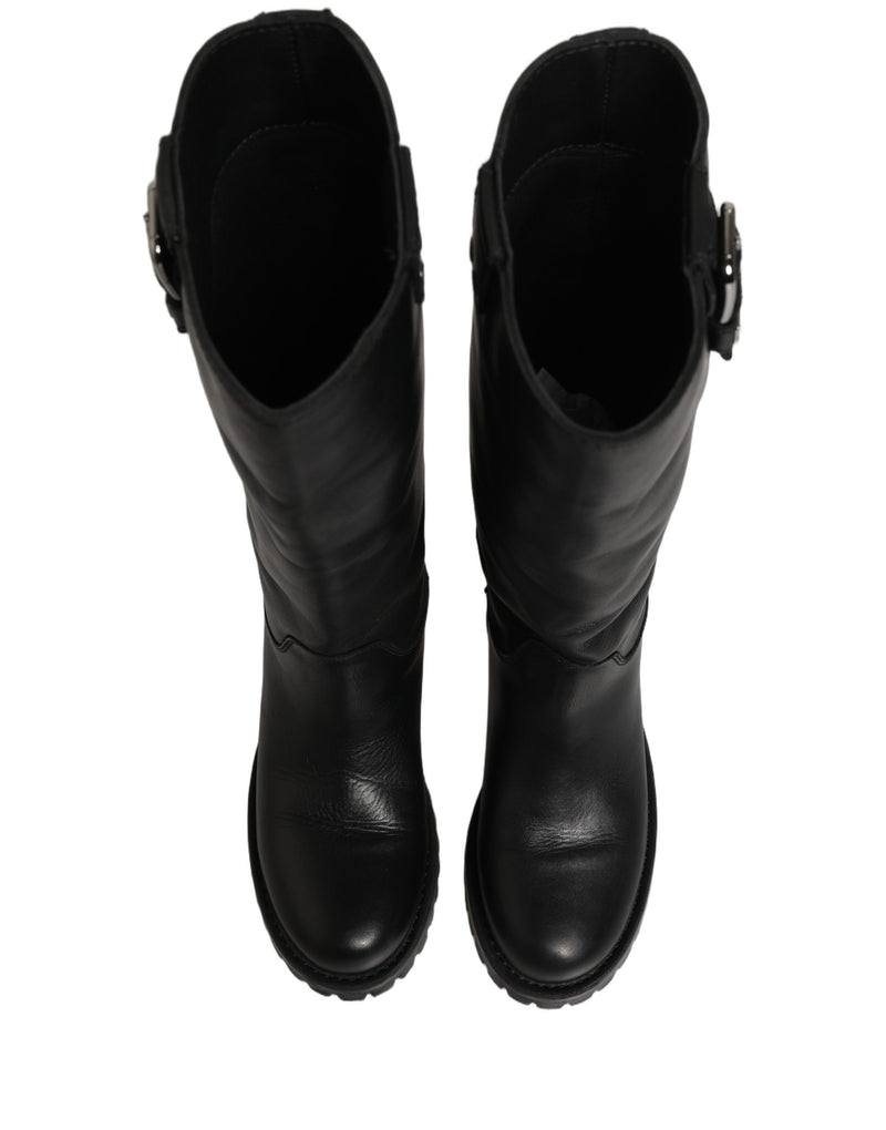 Dolce & Gabbana Black Leather Buckle Detail Mid Calf Boots