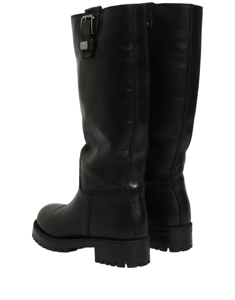 Dolce & Gabbana Black Leather Buckle Detail Mid Calf Boots