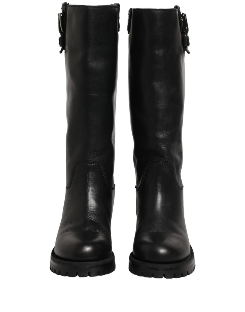 Dolce & Gabbana Black Leather Buckle Detail Mid Calf Boots