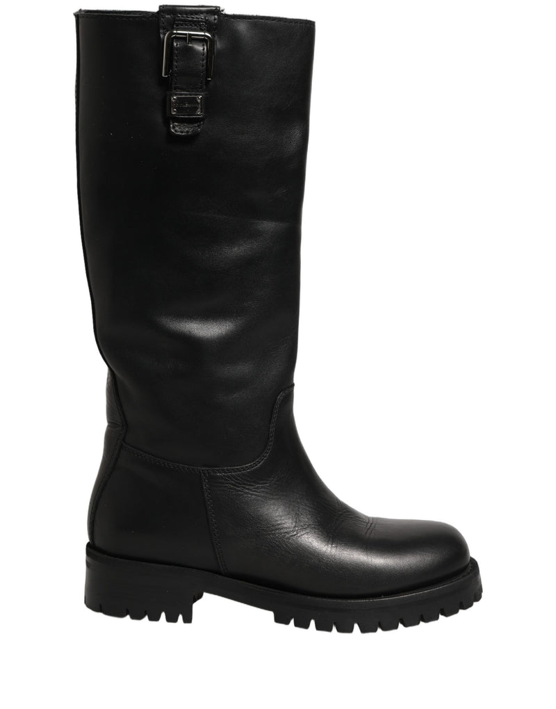 Dolce & Gabbana Black Leather Buckle Detail Mid Calf Boots