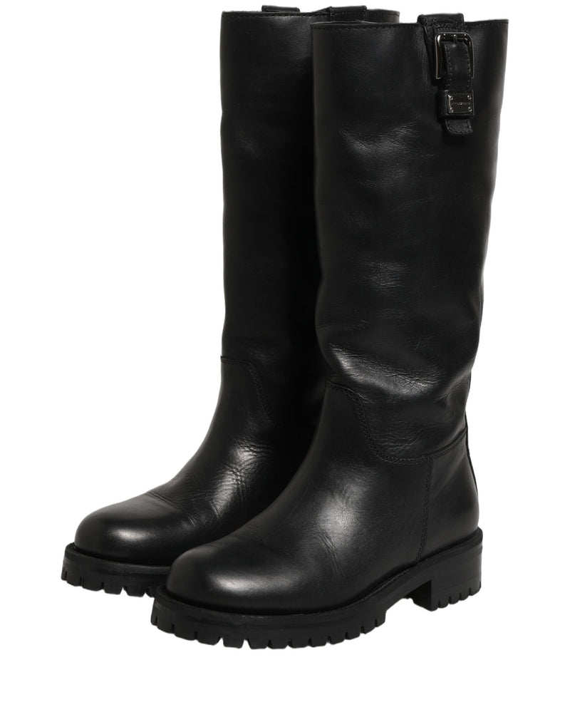 Dolce & Gabbana Black Leather Buckle Detail Mid Calf Boots