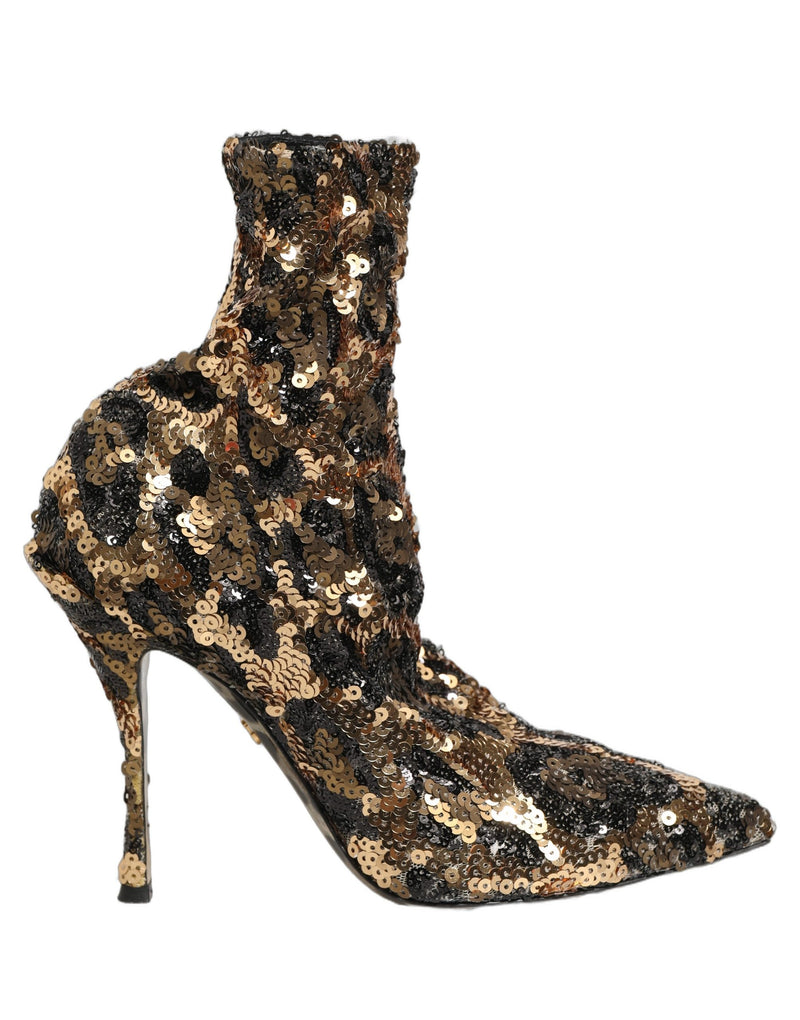 Dolce & Gabbana Gold Leopard Sequin Sock Ankle Boots