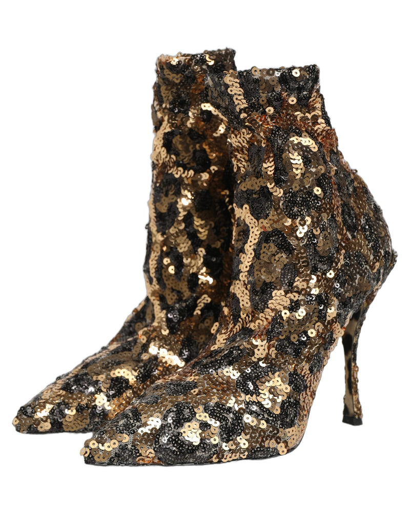 Dolce & Gabbana Gold Leopard Sequin Sock Ankle Boots