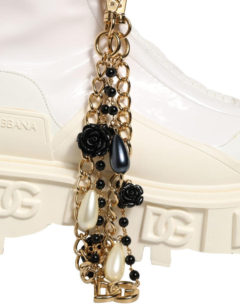 Dolce & Gabbana Biker Boots - White Leather Rubber Logo Ankle Boots