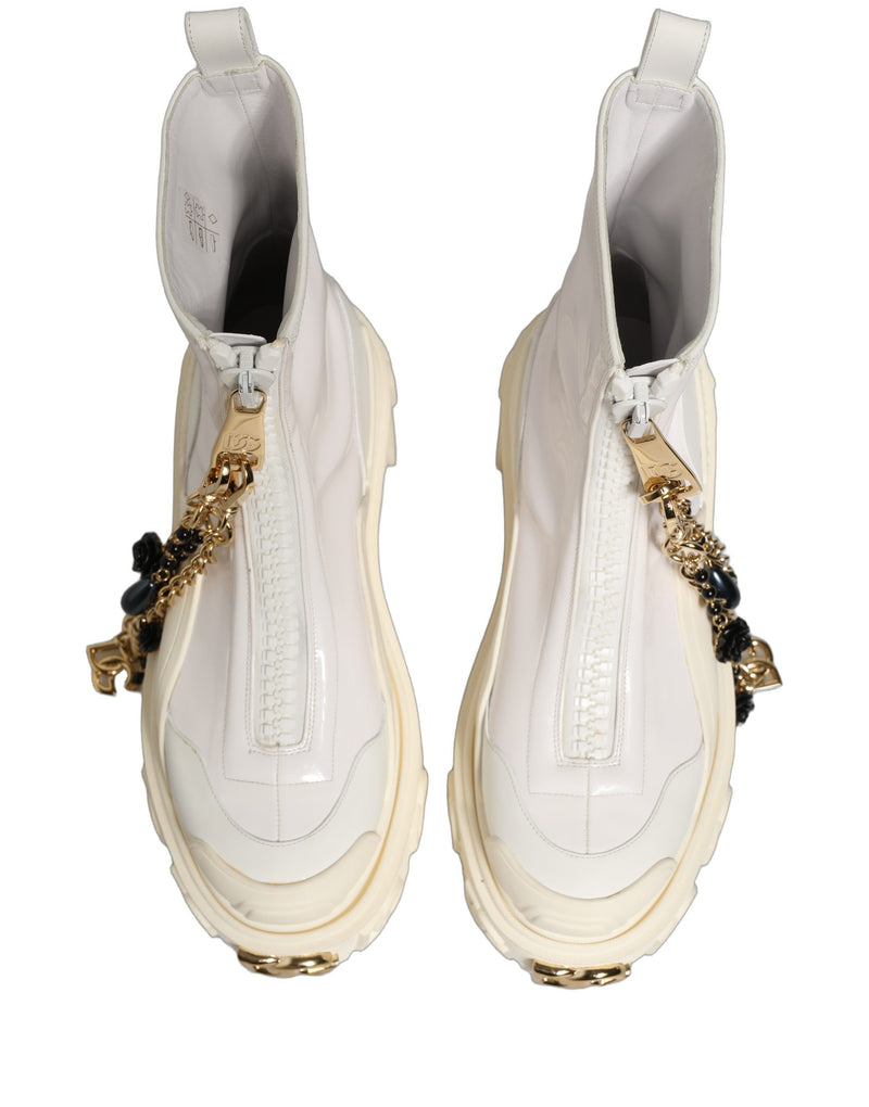 Dolce & Gabbana Biker Boots - White Leather Rubber Logo Ankle Boots