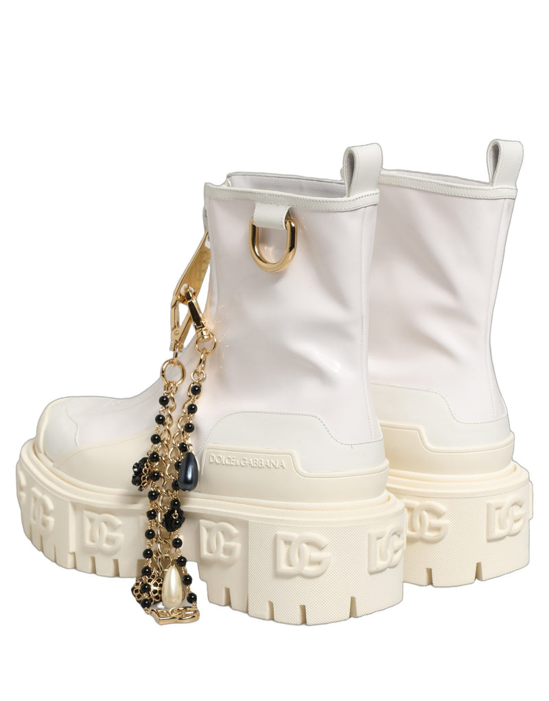Dolce & Gabbana Biker Boots - White Leather Rubber Logo Ankle Boots