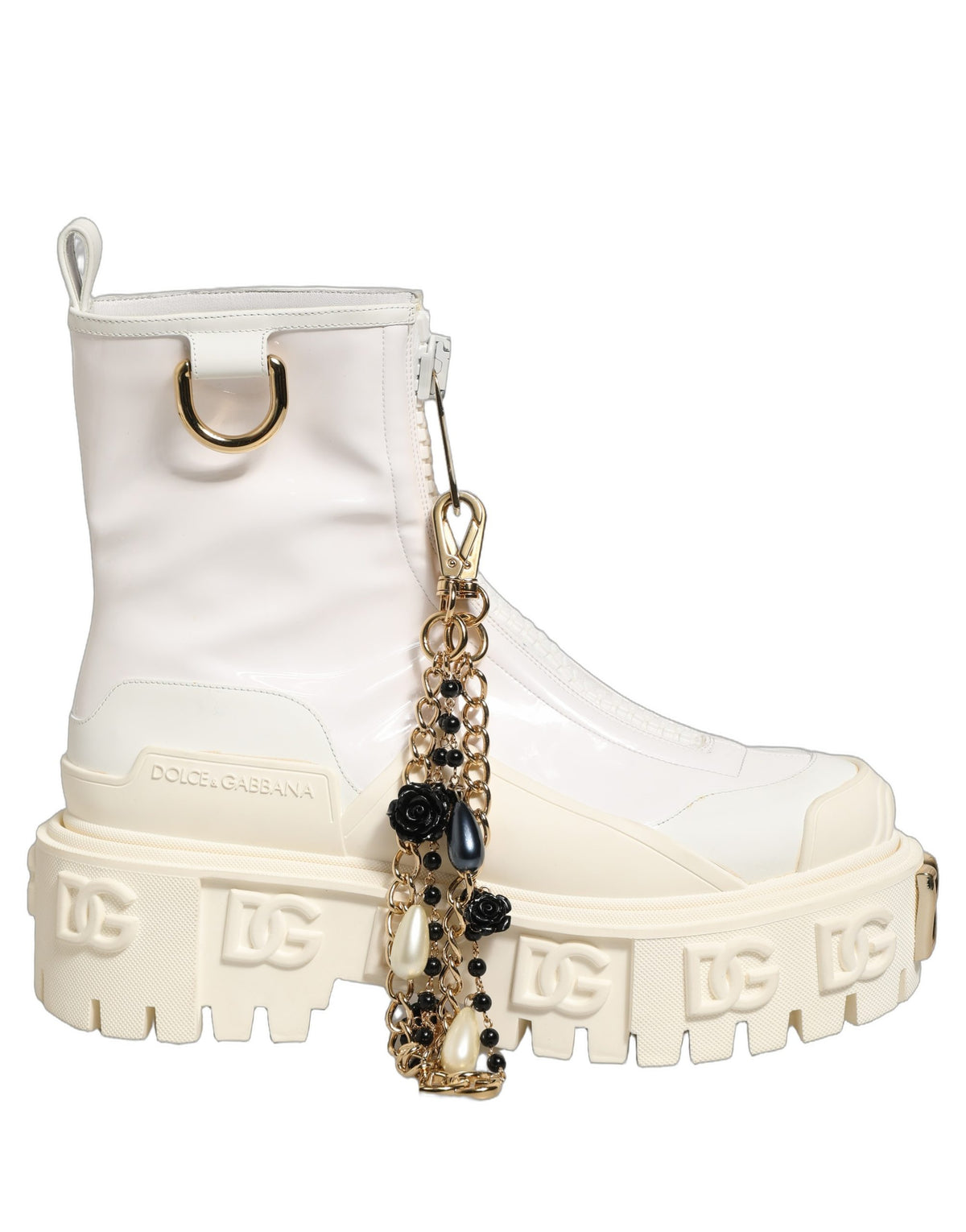 Dolce & Gabbana Biker Boots - White Leather Rubber Logo Ankle Boots