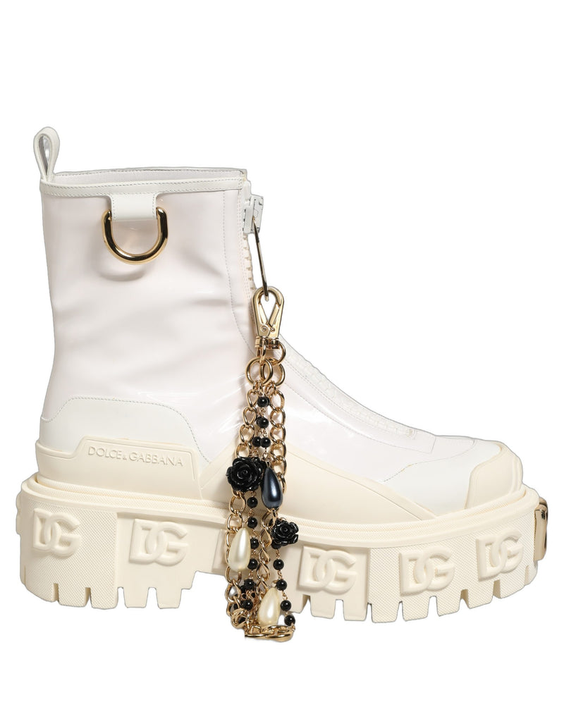 Dolce & Gabbana Biker Boots - White Leather Rubber Logo Ankle Boots