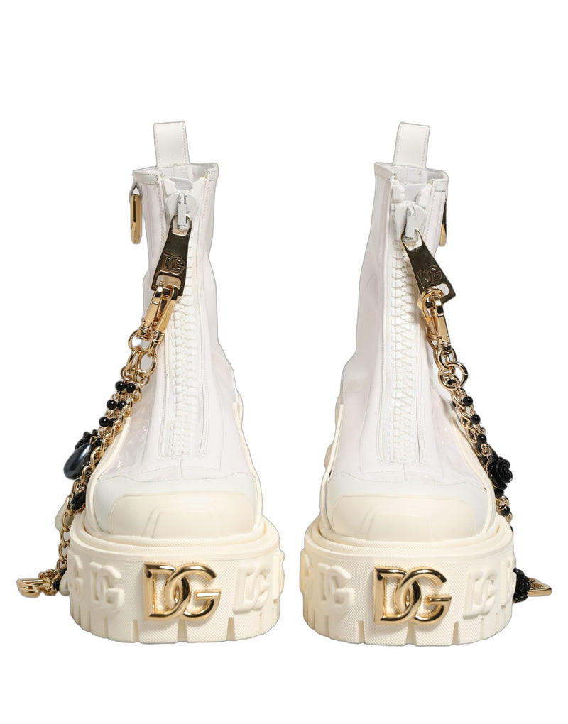 Dolce & Gabbana Biker Boots - White Leather Rubber Logo Ankle Boots
