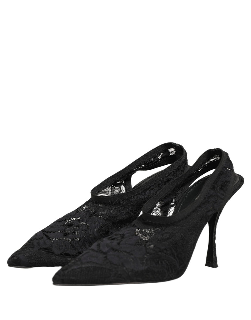 Dolce & Gabbana Black Lace Pointed Toe Slingback Pumps