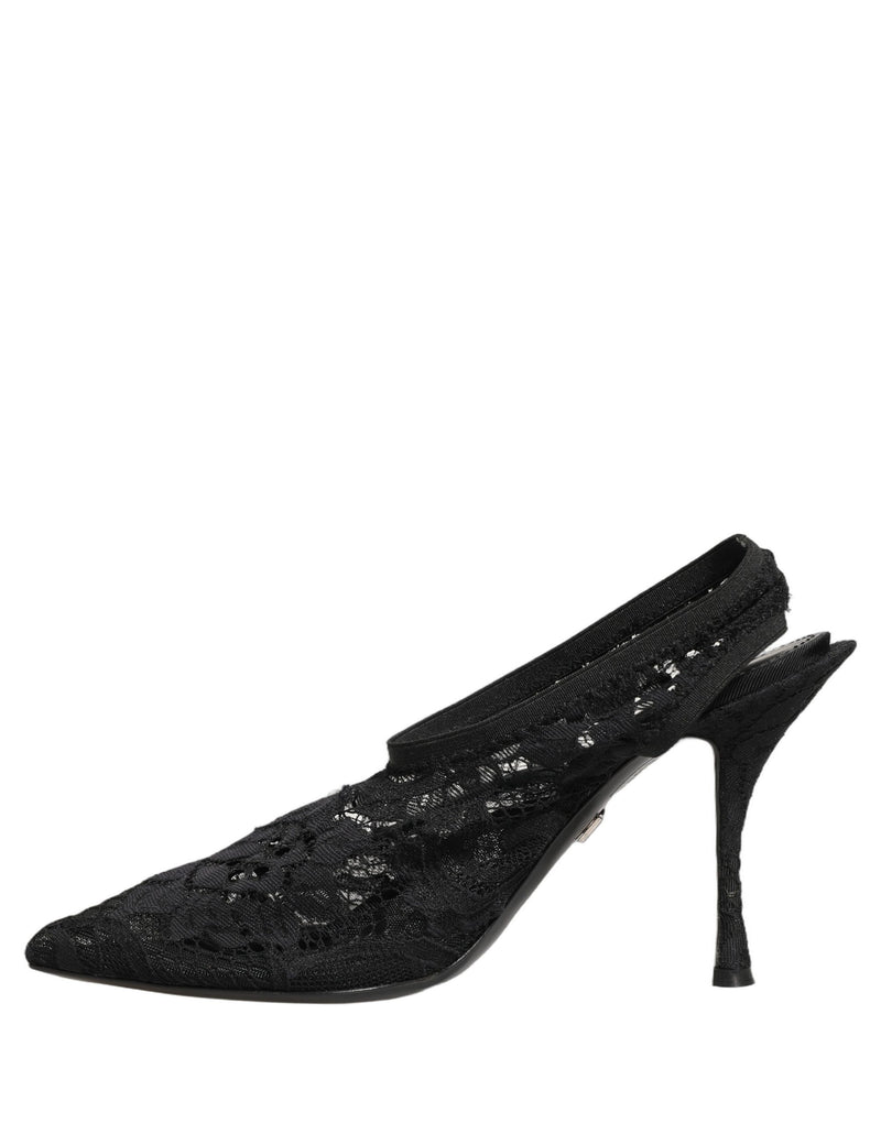 Dolce & Gabbana Black Lace Pointed Toe Slingback Pumps