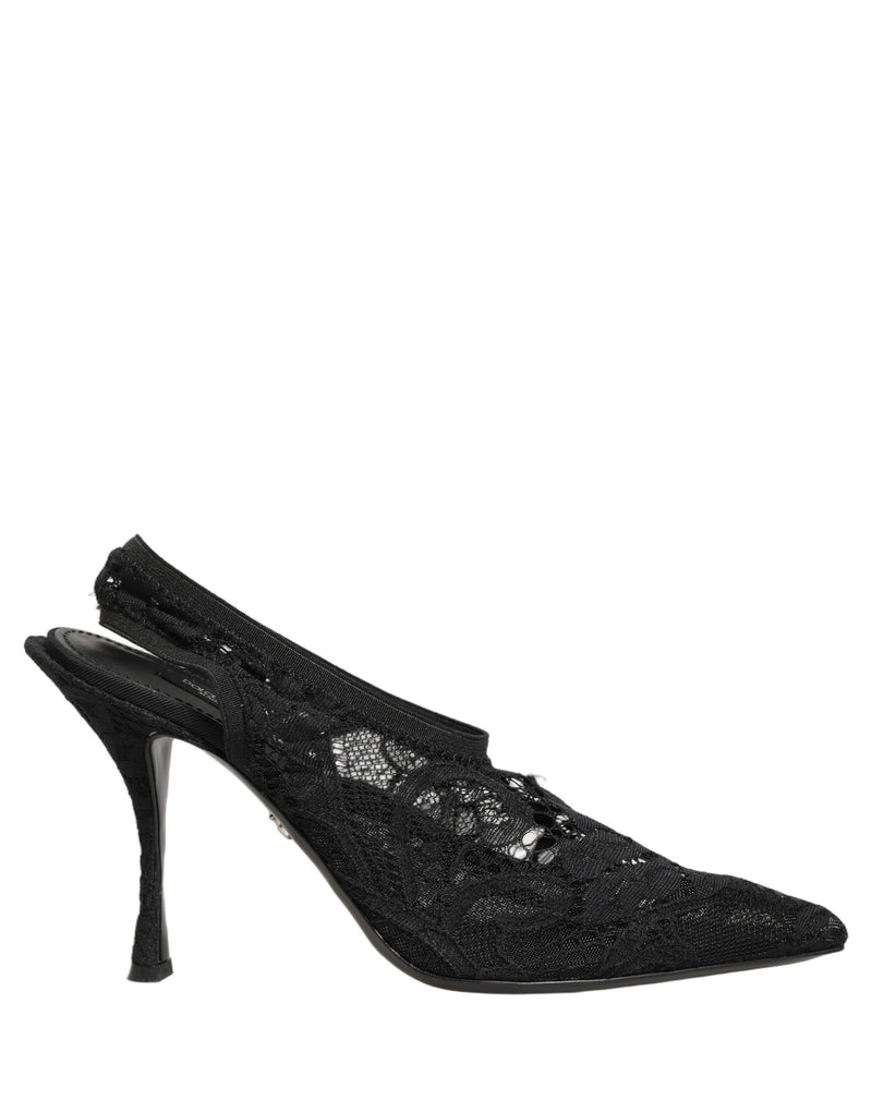 Dolce & Gabbana Black Lace Pointed Toe Slingback Pumps