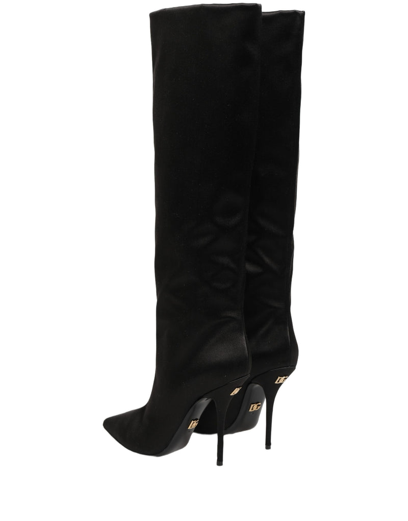 Dolce & Gabbana Black Satin Knee High Stiletto Boots
