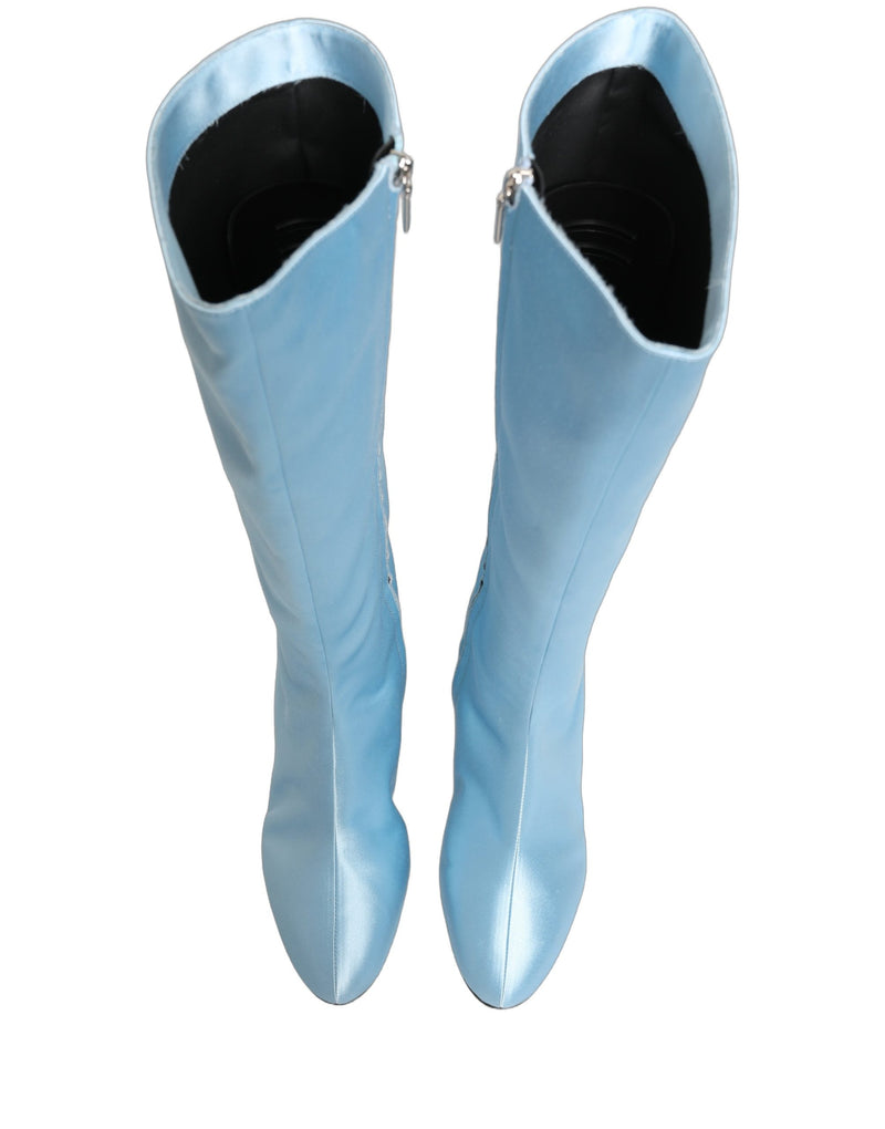 Dolce & Gabbana Light Blue Satin Knee High Boots