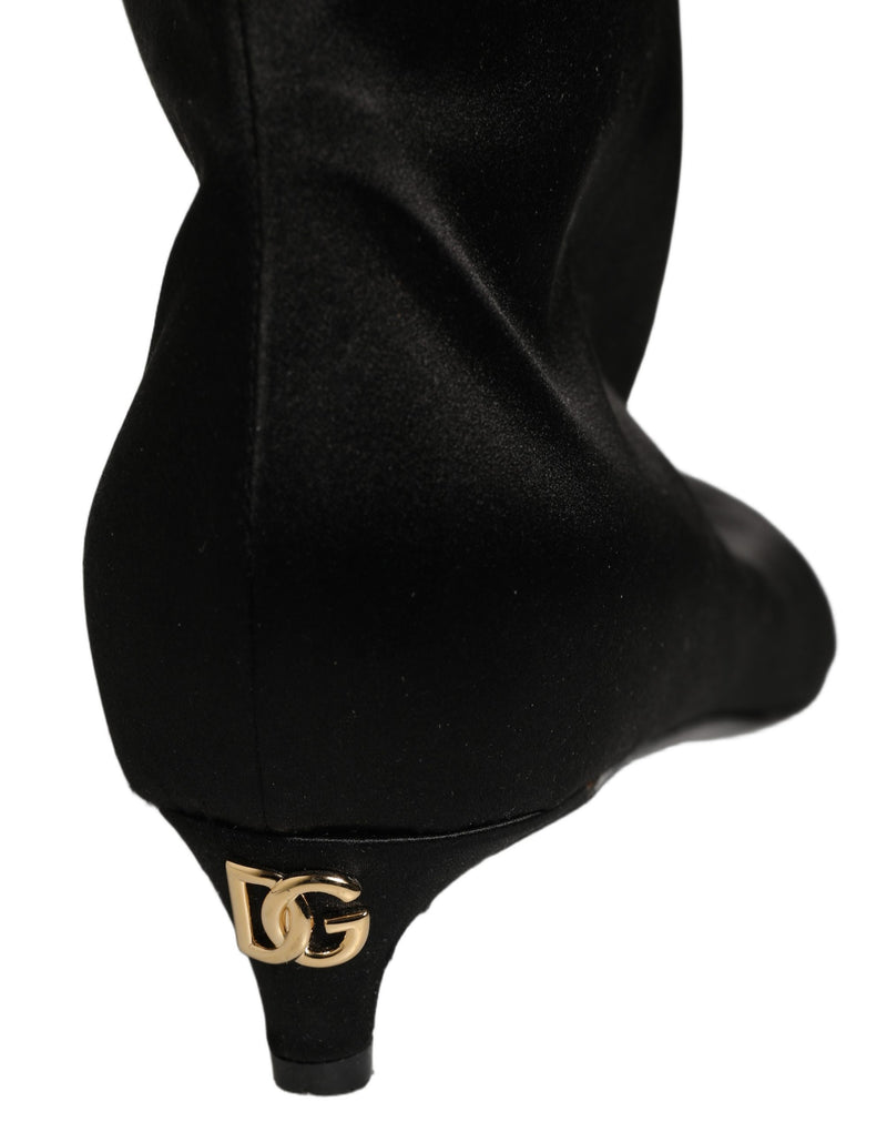 Dolce & Gabbana Black Satin Knee High Kitten Boots