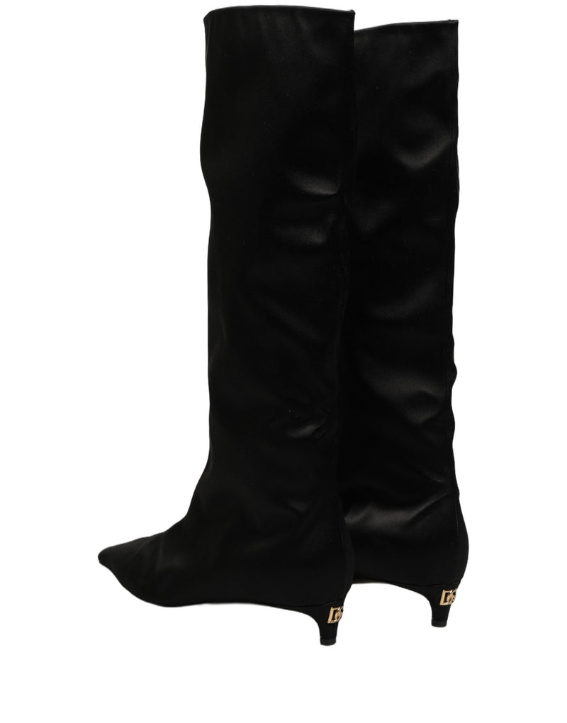 Dolce & Gabbana Black Satin Knee High Kitten Boots