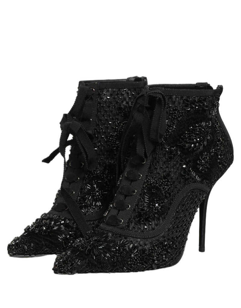 Dolce & Gabbana Black Embellished Mesh Ankle Boots