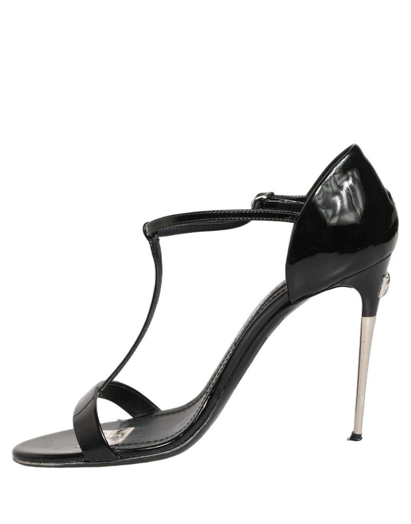 Dolce & Gabbana Black Leather T-strap Heels Sandals