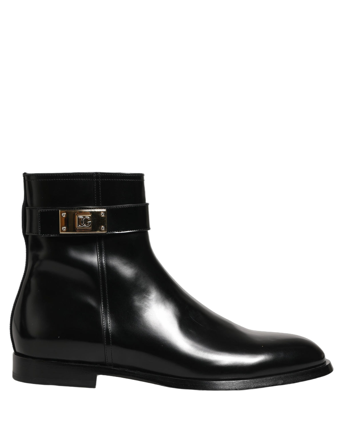 Dolce & Gabbana Black Leather Logo Buckle Mid Calf Boots