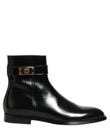 Dolce & Gabbana Black Leather Logo Buckle Mid Calf Boots