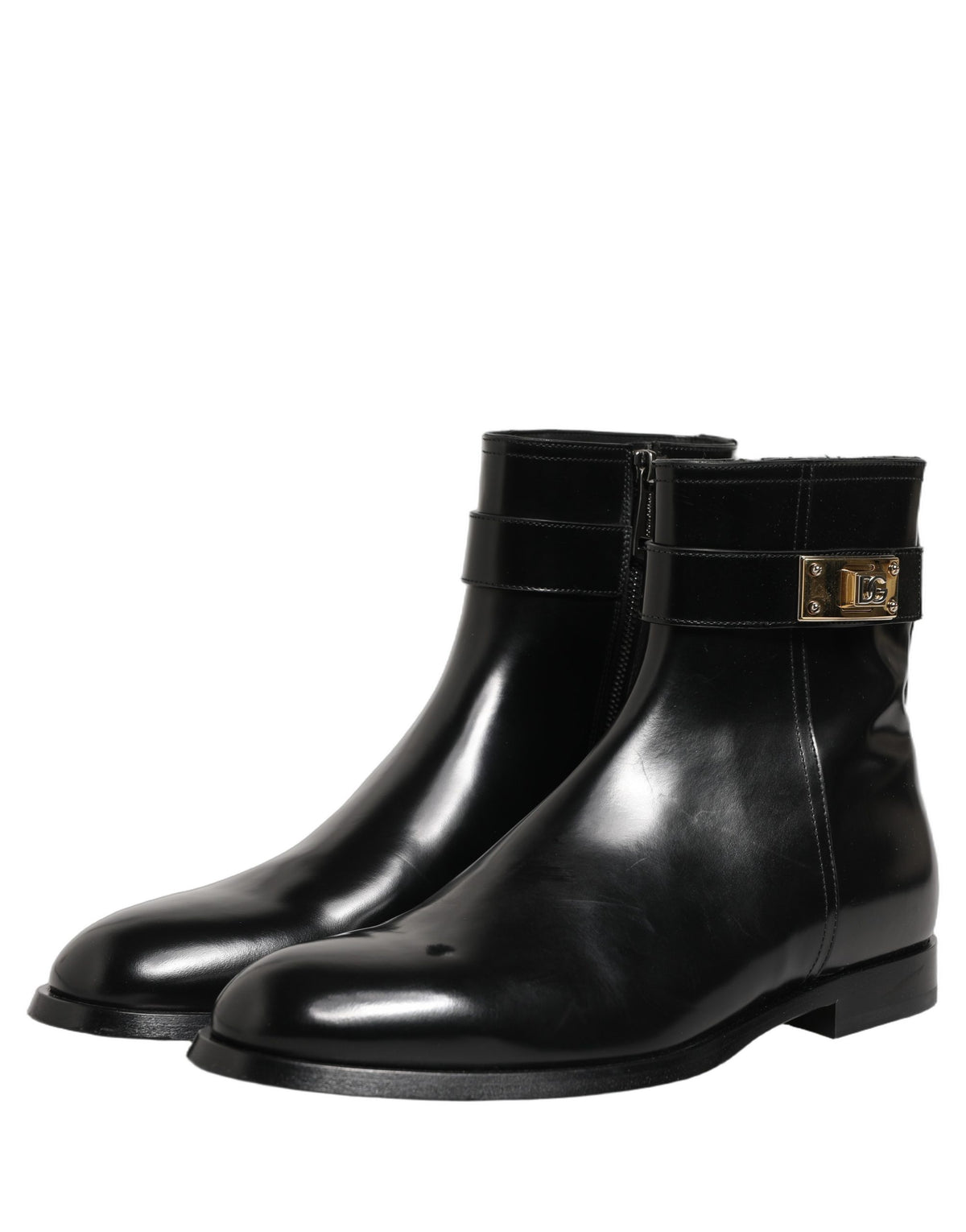 Dolce & Gabbana Black Leather Logo Buckle Mid Calf Boots