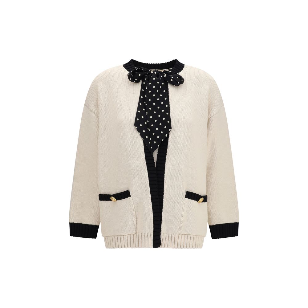 Valentino Garavani Cardigan en Coton Beige avec Nœud Polka-Dot