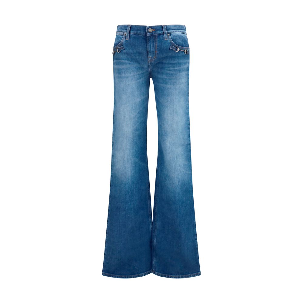 Gucci Blue Cotton Flared Jeans with Horsebit Detail