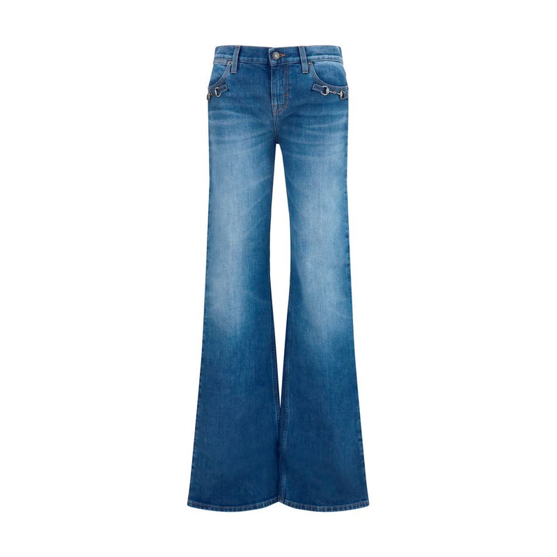 Gucci Blue Cotton Flared Jeans with Horsebit Detail