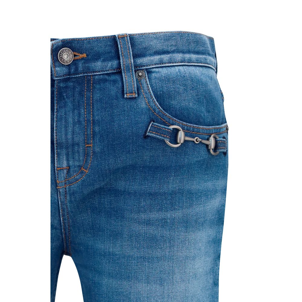 Gucci Blue Cotton Flared Jeans with Horsebit Detail