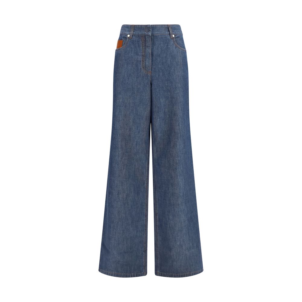 Fendi Blue Cotton Wide-Leg Chambray Jeans for Women