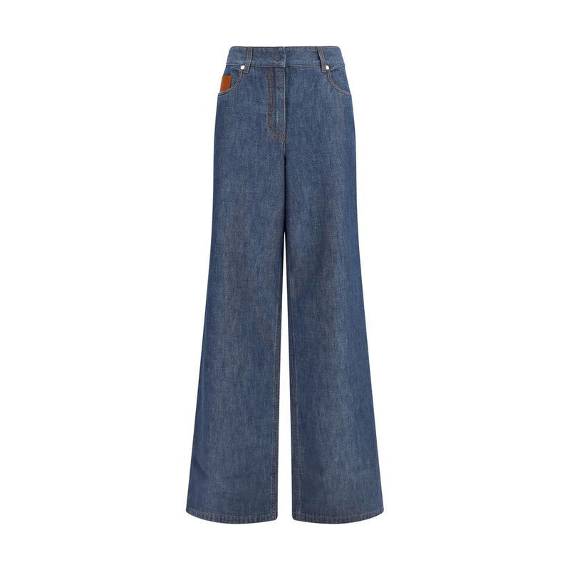 Fendi Blue Cotton Wide-Leg Chambray Jeans for Women