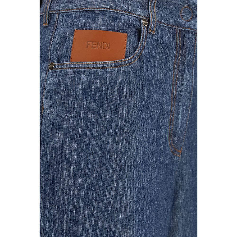 Fendi Blue Cotton Wide-Leg Chambray Jeans for Women