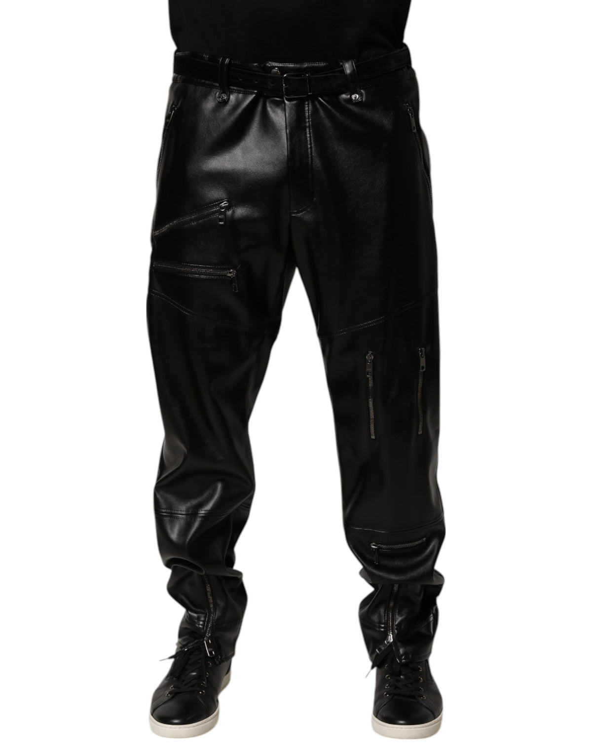 Dolce & Gabbana Black PU Leather Zipper Men Trouser Pants