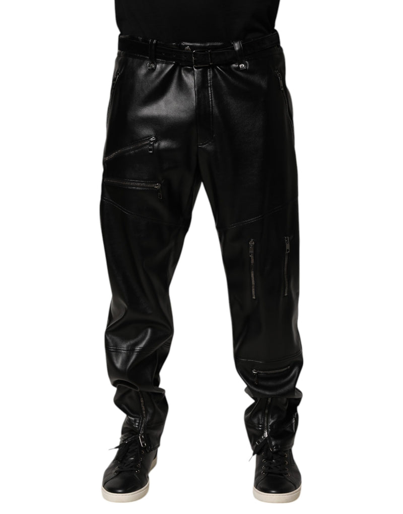 Dolce & Gabbana Black PU Leather Zipper Men Trouser Pants