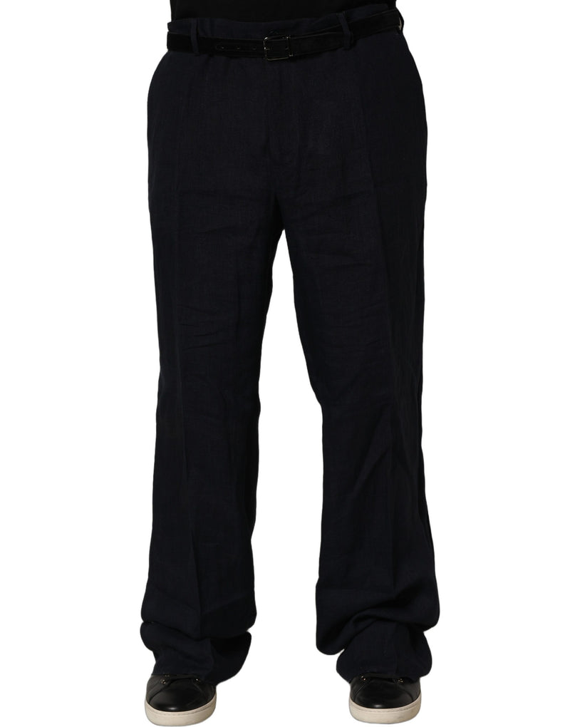 Dolce & Gabbana Black Linen Straight Leg Dress Trouser Pants