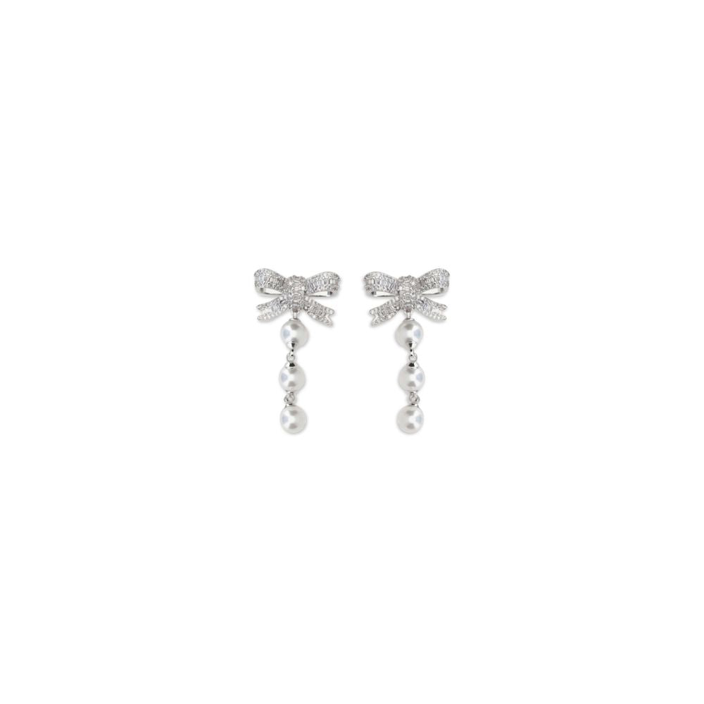 Self-Portrait Silver Brass Earrings with Crystal Bow and Pearl Drop