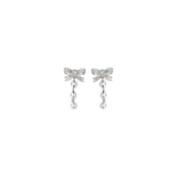 Self-Portrait Silver Brass Earrings with Crystal Bow and Pearl Drop