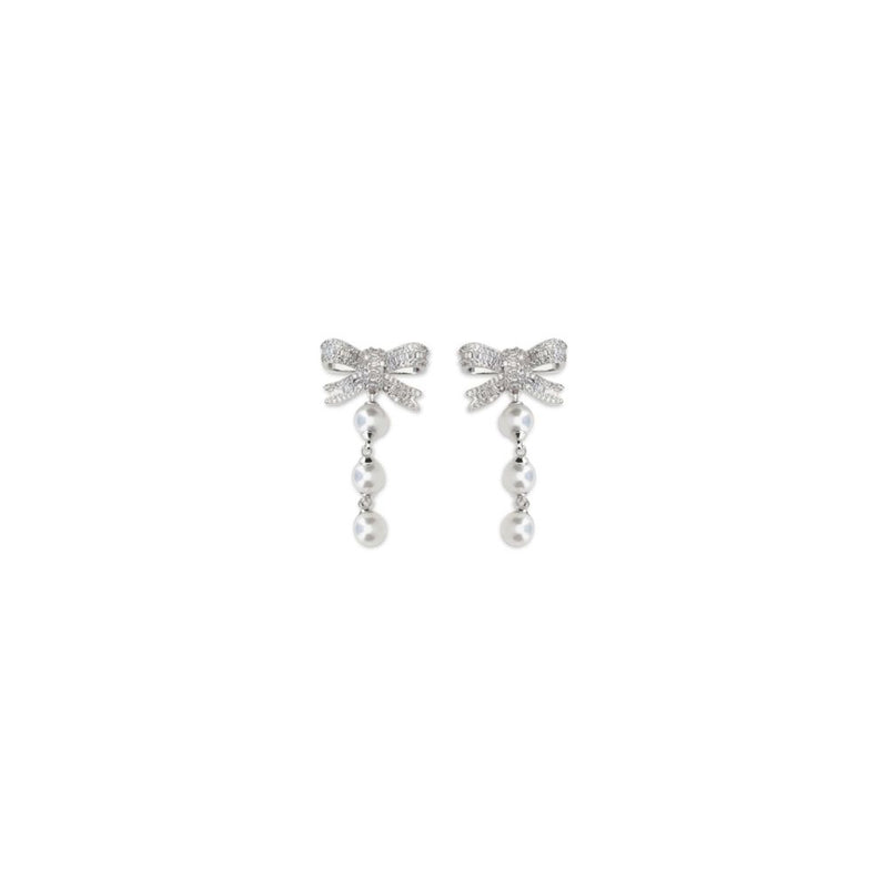 Self-Portrait Silver Brass Earrings with Crystal Bow and Pearl Drop