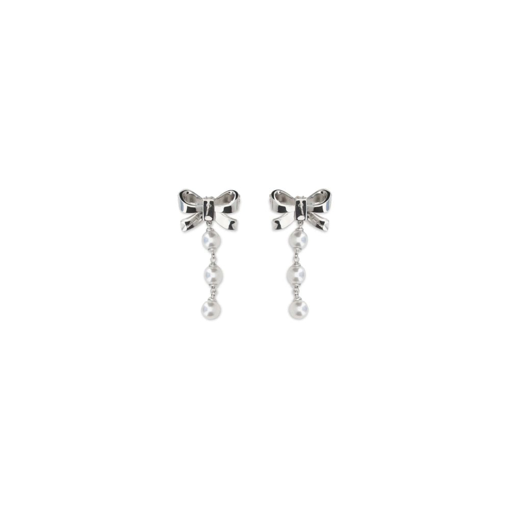 Self-Portrait Silver Brass Earrings with Crystal Bow and Pearl Drop