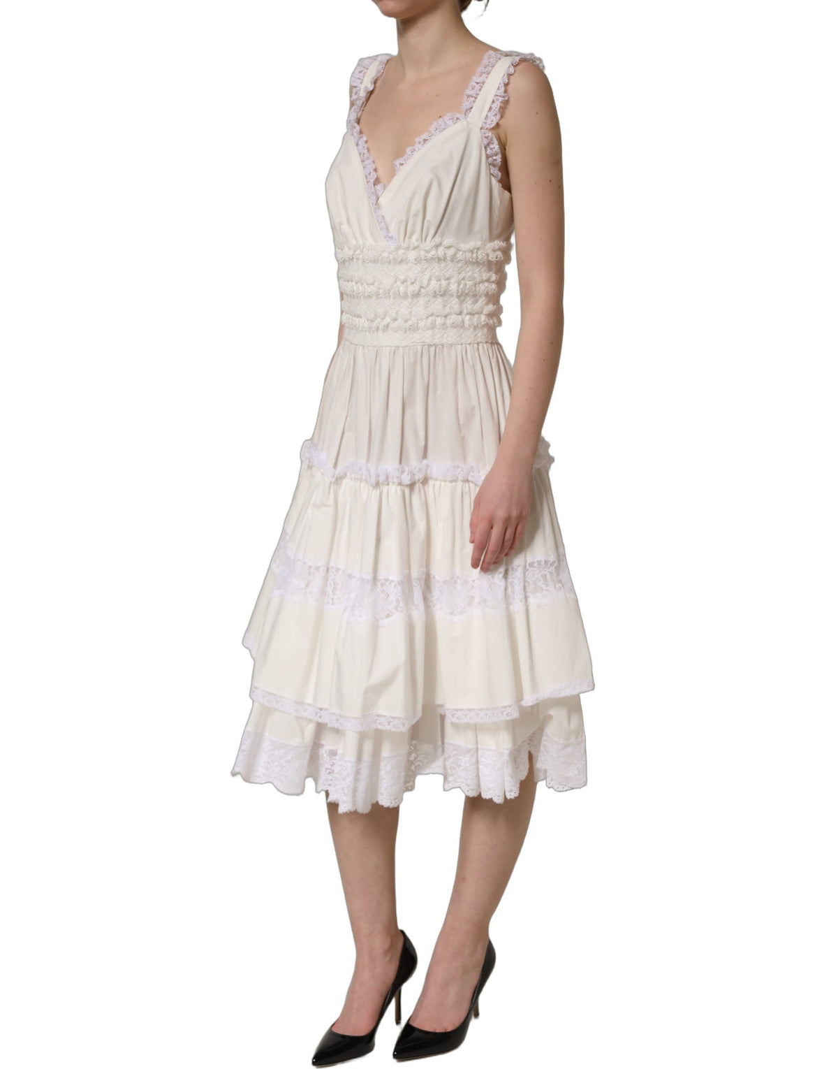 Dolce & Gabbana White Cotton Poplin Ruffled Midi Dress