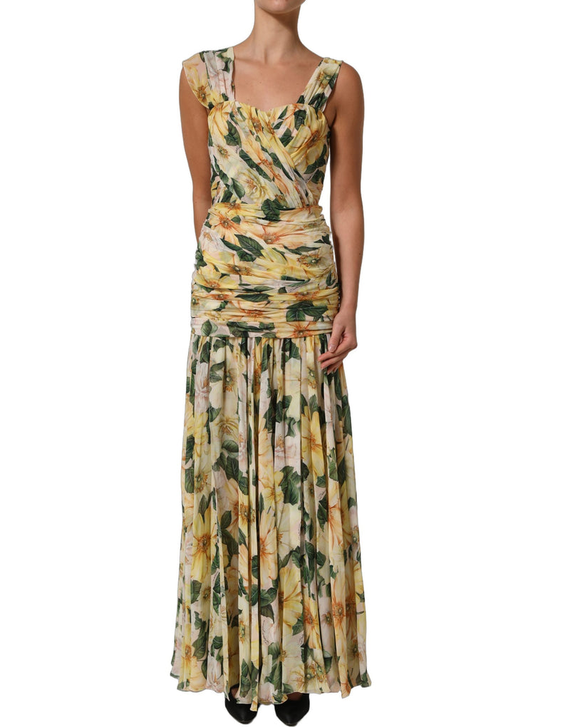 Dolce & Gabbana Yellow Floral Print Silk Pleated Maxi Dress